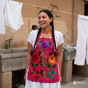 Mexican Embroidered Bib Apron for Women – Multicolor with Floral Design
